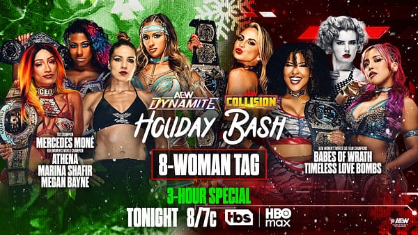 A promotional graphic featuring eight women wrestlers from AEW, showcasing their championship belts against a festive background with holiday motifs. The text highlights 'AEW Dynamite Holiday Bash' and '8-Woman Tag.'