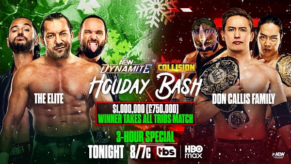 A promotional graphic for the AEW Dynamite and Collision Holiday Bash featuring wrestlers from The Elite and Don Callis Family. The image includes festive decorations with a seasonal theme.