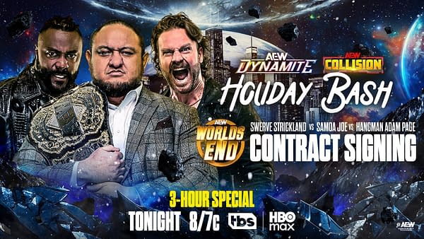 A promotional graphic for the AEW Dynamite and Collision Holiday Bash features three wrestlers: Swerve Strickland with a championship belt, Samoa Joe with a serious expression, and Hangman Adam Page looking fierce. The background includes a cosmic scene with planets and the event details prominently displayed.