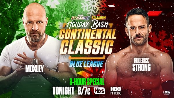 A promotional graphic featuring two wrestlers, Jon Moxley and Roderick Strong, set against a festive background of holiday-themed elements like snowflakes. The words 'Continental Classic Blue League' are prominently displayed, along with information about a special 3-hour event airing tonight.