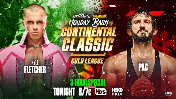 A promotional image for the AEW Dynamite and Collision Holiday Bash featuring Kyle Fletcher, dressed in a pink outfit, and Pac, with a bearded look. The background features festive elements like snow and holiday decorations.