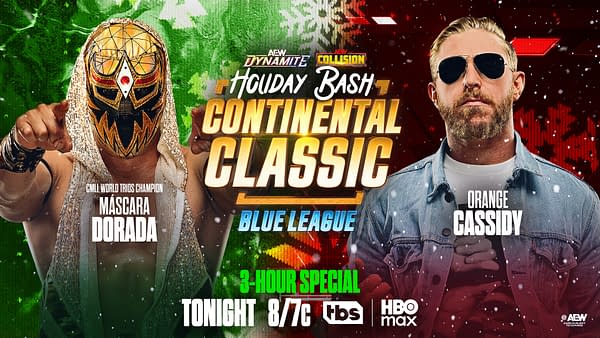 A promotional image for AEW Dynamite and Collision's Holiday Bash featuring two wrestlers. On the left, Máscara Dorada is dressed in a gold and black mask and costume, while on the right, Orange Cassidy wears sunglasses and a denim jacket, standing against a festive background with snowflakes and holiday decorations.