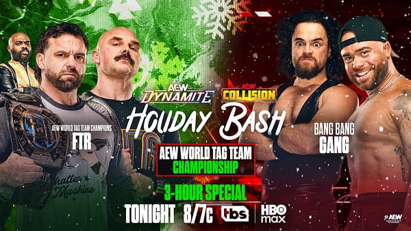 A promotional graphic for AEW's Holiday Bash featuring two teams: FTR, the current AEW World Tag Team Champions, and the Bang Bang Gang. The background includes festive elements like snowflakes and vibrant colors.