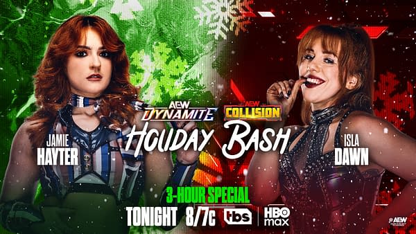 A promotional graphic for the AEW Holiday Bash featuring wrestlers Jamie Hayter and Isla Dawn. The background is split with festive green and red colors, amplifying the holiday theme.