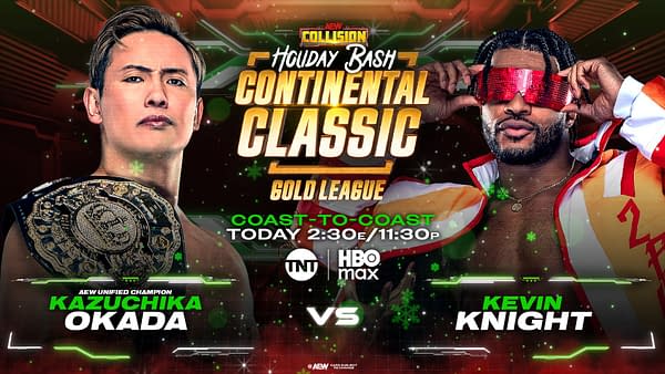 A promotional graphic for AEW Collision Holiday Bash featuring two wrestlers: Kazuchika Okada, wearing a championship belt and looking determined, and Kevin Knight, wearing flashy sunglasses and a colorful jacket. The graphic highlights the event details.