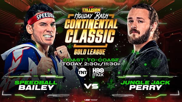 Promotional graphic for AEW Collision's Holiday Bash, featuring wrestlers Speedball Bailey and Jungle Jack Perry facing off. The event is part of the Continental Classic Gold League.