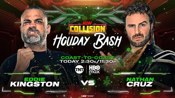 An illustration promoting the AEW Collision Holiday Bash featuring two wrestlers, Eddie Kingston and Nathan Cruz, in a face-off against a festive, colorful background. The event airs on TNT and HBO Max.