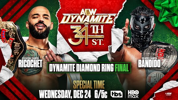 A promotional graphic for AEW Dynamite features two wrestlers, Ricochet, holding a championship belt, and Bandido, showcasing his championship. The background is festive with holiday decorations, and the event details are prominently displayed.