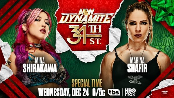 A promotional graphic for AEW Dynamite featuring two wrestlers, Mina Shirakawa and Marina Shafir, set against a festive background with holiday decorations. The graphic indicates a special airing time for the event on December 24.