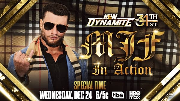 A promotional graphic for AEW Dynamite features a man wearing sunglasses and a stylish scarf, displaying a championship ring. The background showcases a plaid design with gold accents, emphasizing the event's festive themes.