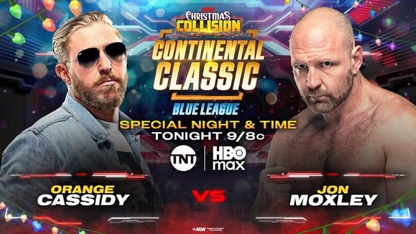A promotional graphic for a wrestling event featuring two male wrestlers, Orange Cassidy and Jon Moxley, with festive holiday lights in the background. Text highlights the event title, 'Christmas Collision,' and details the match schedule.
