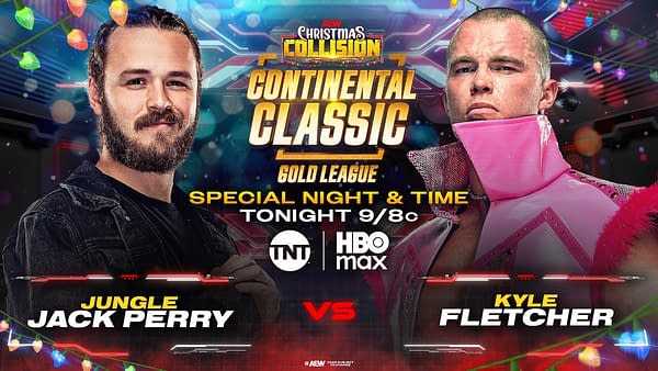 A promotional graphic for a wrestling event featuring Jungle Jack Perry and Kyle Fletcher. The design includes festive decorations and announces a special night and time for the Continental Classic Gold League.