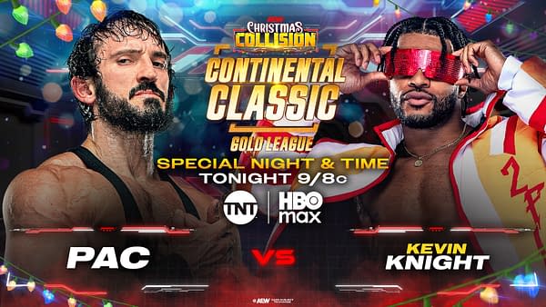 A promotional graphic for an AEW wrestling event featuring two wrestlers, PAC and Kevin Knight, against a colorful background with holiday lights. Text includes event details such as 'Continental Classic Gold League' and the air time.