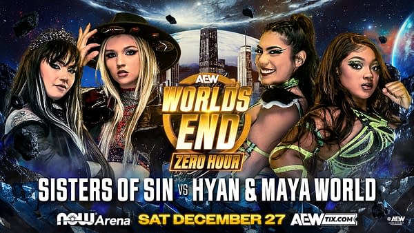 A promotional graphic for AEW's event 'World's End' featuring four female wrestlers in dynamic poses. The background depicts a cosmic scene with planets and floating rocks.