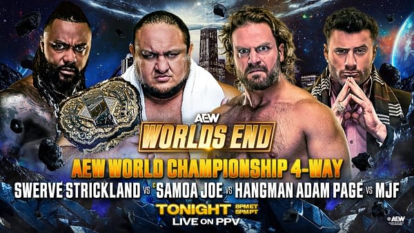 A promotional image for AEW World's End featuring four wrestlers: Swerve Strickland, Samoa Joe, Hangman Adam Page, and MJF. The background includes a cosmic theme with asteroids and a cityscape, highlighting the championship match.