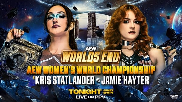 A promotional graphic for the AEW Women's World Championship match featuring Kris Statlander and Jamie Hayter. The background depicts a futuristic city skyline and cosmic elements.