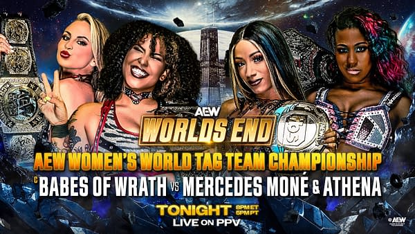 A promotional graphic for AEW's World's End featuring four women wrestlers. They are showcasing the AEW Women's World Tag Team Championship belts, set against a cosmic background with a city skyline.