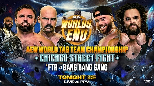 A digital poster for AEW's event 'World's End' featuring wrestlers FTR and the Bang Bang Gang. The background displays a cosmic scene with a city skyline and asteroids.