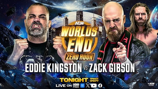 A graphic featuring two wrestlers, Eddie Kingston and Zack Gibson, set against a cosmic background with asteroids and a city skyline. Kingston is on the left, showing a fierce expression, while Gibson, on the right, points angrily, both embodying a competitive spirit for the event 'World's End Zero Hour'.
