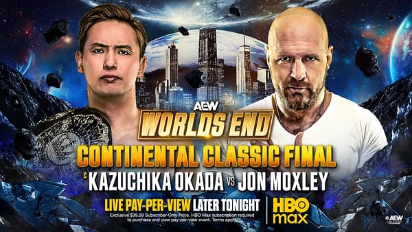 Promotional poster for AEW World's End showcasing Kazuchika Okada and Jon Moxley. The backdrop features a cosmic scene with planets and a futuristic city skyline.