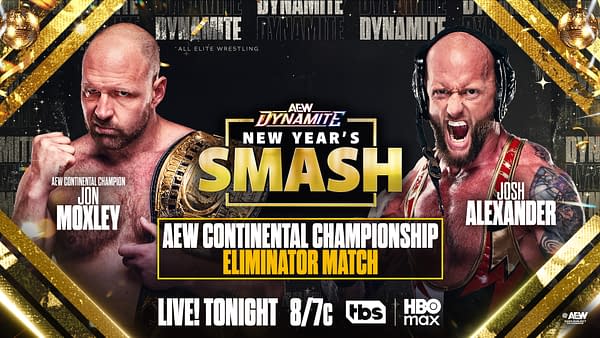 A promotional graphic for AEW's New Year's Smash event featuring two wrestlers: Jon Moxley, the champion with a championship belt, and Josh Alexander, both portrayed in intense poses. The background includes event details and logos.