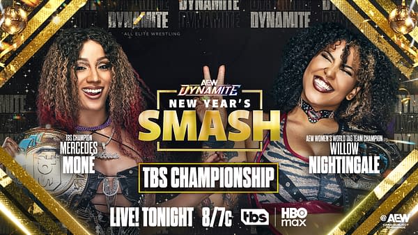 A promotional poster for the wrestling event AEW Dynamite New Year's Smash, featuring TBS Champion Mercedes Moné and AEW Women's World Tag Team Champion Willow Nightingale, both smiling and posing with their championship belts. The poster includes the event title and details about the live airing.