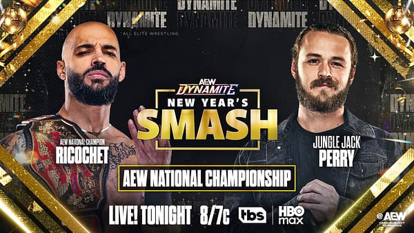 A promotional graphic for AEW Dynamite's New Year's Smash event featuring two wrestlers. The left side shows Ricochet, the AEW National Champion, in a championship belt, while the right displays Jungle Jack Perry. The background includes the event title and broadcast information.