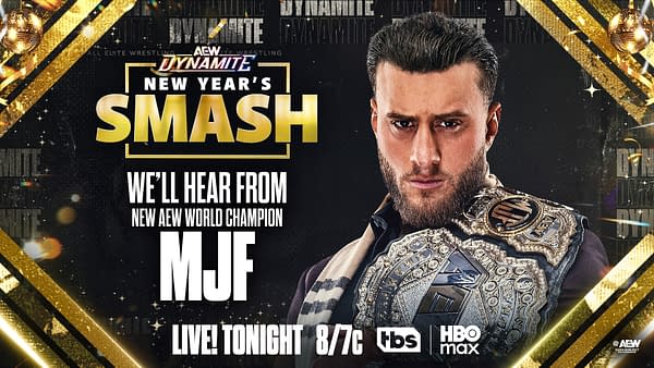 A promotional graphic for AEW Dynamite's New Year's Smash event featuring MJF, the new AEW World Champion. MJF is wearing a championship belt and looking directly at the viewer against a backdrop decorated with gold and black elements.