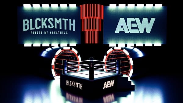 An illustration featuring a wrestling ring prominently displaying the logos for BLCKSMTH and AEW, illuminated by bright lights. The backdrop includes digital screens highlighting the brand names, creating a dynamic atmosphere.