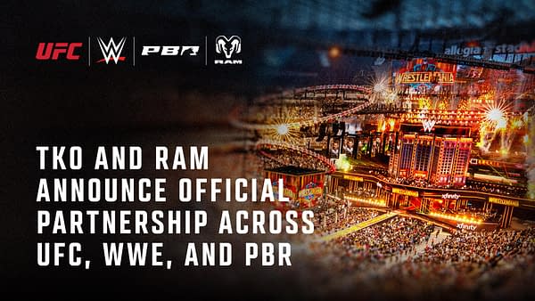 A vibrant scene from a wrestling event featuring a large stage adorned with 'WRESTLEMANIA' signage, fireworks, and an enthusiastic crowd in the arena. Partner logos for UFC, WWE, PBR, and RAM are displayed prominently.