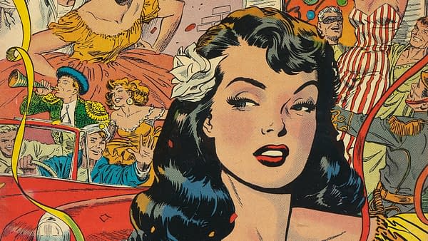 This vintage comic illustration features a glamorous woman with dark hair and a flower accessory, surrounded by colorful scenes of celebration, including joyful characters in period costumes.