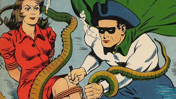 A colorful comic book illustration features a woman in a red dress tied up, while a masked man in a tri-corner hat, appearing determined, works to rescue her. A snake-like creature wraps around them, adding tension to the scene.