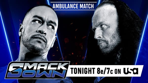 In a promotional graphic for WWE SmackDown, two wrestlers face each other intensely against a dark blue background. Text indicates an 'Ambulance Match' is scheduled for tonight at 8 PM ET on USA.