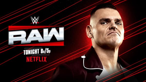A promotional graphic for WWE Raw featuring Gunther, a wrestling superstar, against a dynamic red and black background. The text highlights that the show airs tonight on Netflix at 8 PM Eastern Time.
