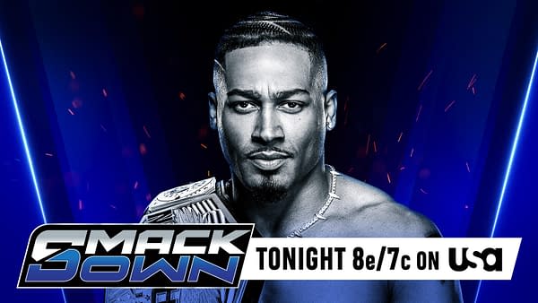 A wrestler with a championship belt is featured prominently in a promotional graphic for WWE SmackDown. The background is dark with blue and orange highlights.