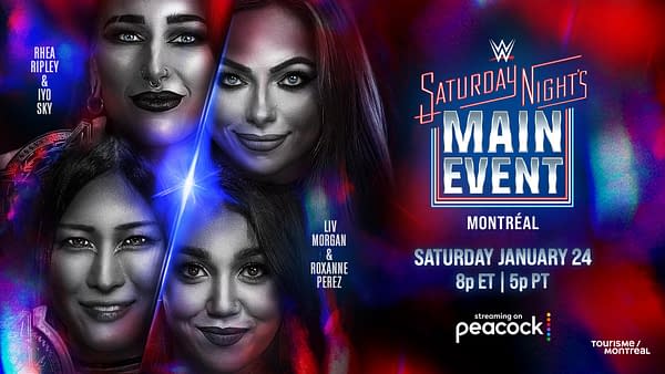 Promotional graphic for WWE Saturday Night's Main Event featuring four female wrestlers: Rhea Ripley, Iyo Sky, Liv Morgan, and Roxanne Perez, with a vibrant background and details about the event's date and streaming platform.