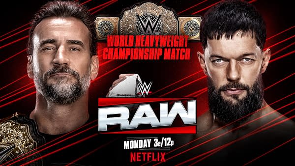 Promotional image for a WWE Raw match featuring two wrestlers, one with a championship belt. The background has a red theme, highlighting the match details.