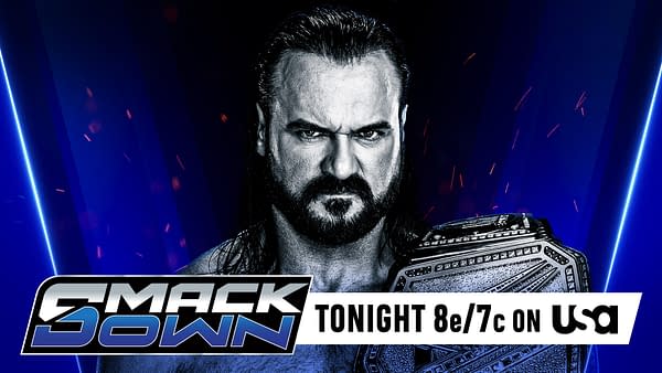 A wrestler with long hair and a beard, wearing a championship belt, stares intensely at the viewer against a dark blue background with highlights. The image includes the text 'SmackDown Tonight 8e/7c on USA'.