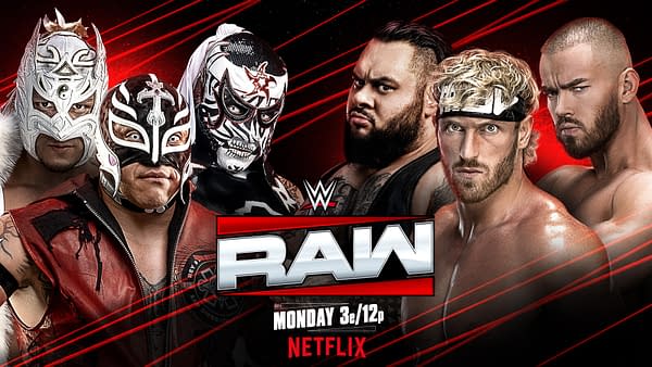 A promotional image for WWE Raw featuring six wrestlers in a lineup with masks, showcasing their distinctive outfits and expressions. The background is dynamic with red accents.