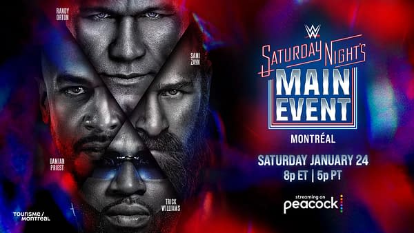A promotional graphic for WWE Saturday Night's Main Event featuring four wrestlers: Randy Orton, Sami Zayn, Damian Priest, and Trick Williams, with vibrant colors in the background and event details at the bottom.
