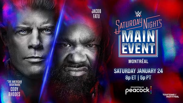 Promotional graphic for WWE's Saturday Night's Main Event featuring two wrestlers, Cody Rhodes, nicknamed 'The American Nightmare,' and Jacob Fatu. The background is vibrant with colorful lighting effects and text indicating the event details.