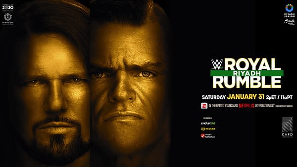 A promotional graphic for WWE Royal Rumble features two intense faces, highlighted in gold, with bold text announcing the event's date and streaming information. The graphic emphasizes the special early start time for the event.