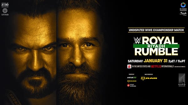 A promotional poster for the WWE Royal Rumble featuring two competitors, one with a fierce expression and a beard, the other looking confident with a light beard. The poster is predominantly in gold, with bold text detailing the event and its date.