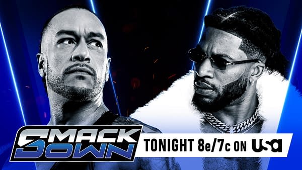 A promotional graphic featuring two wrestlers, one looking serious with a tough expression and braided hair, while the other is dressed in a luxurious white fur coat and sunglasses, sporting a confident look. The background is dark with blue lighting accents.