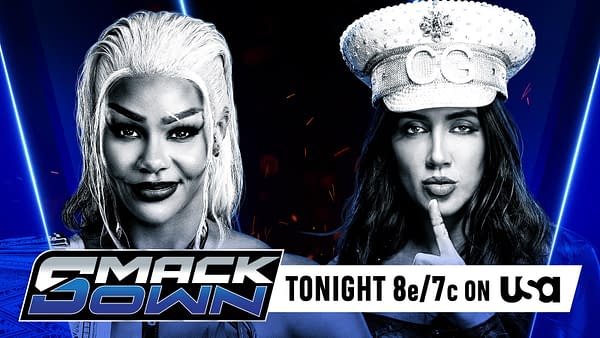 A promotional graphic for WWE SmackDown featuring two wrestlers, one with platinum blonde hair and bold makeup, and the other with dark hair wearing a sparkling hat. The background has a dramatic blue design, highlighting the wrestlers. Text indicates the show airs tonight at 8e/7c on USA.