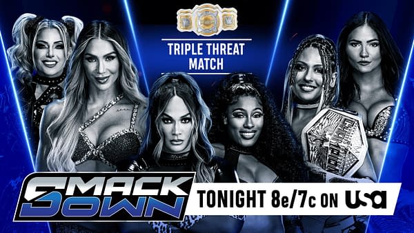A promotional graphic for WWE SmackDown featuring six female wrestlers, with their names and a championship belt prominently displayed. The background is illuminated with blue lighting, enhancing the excitement of a triple threat match event.