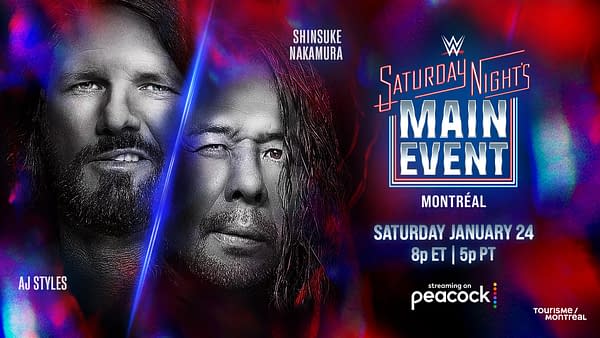 Promotional graphic for WWE's Saturday Night's Main Event featuring AJ Styles and Shinsuke Nakamura. The background is colorful with bold text announcing the event details.