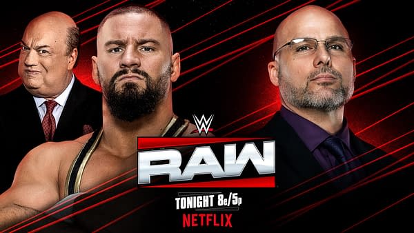 A promotional graphic for WWE Raw features three male figures. The central figure appears muscular with a beard, while another to the left has a smirk, and the third on the right looks serious. The logo for WWE Raw is prominently displayed, along with the text indicating the airing time tonight.
