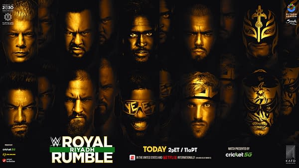 A promotional poster for the WWE Royal Rumble featuring a collage of wrestlers' faces in gold and black. The title 'WWE ROYAL RUMBLE' is prominently displayed at the bottom, along with broadcast times and sponsoring logos.