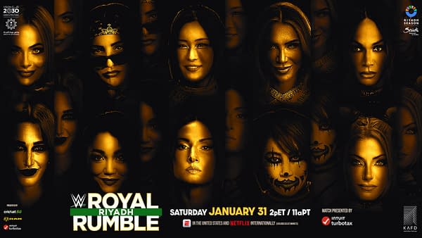 A promotional graphic featuring multiple women's faces in a dramatic, golden tone, representing participants in the WWE Royal Rumble. The faces are arranged closely together with intense expressions, set against a dark background.